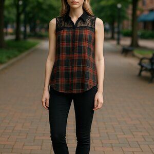 WET SEAL | Sheer Flannel Red & Green Sleeveless Blouse